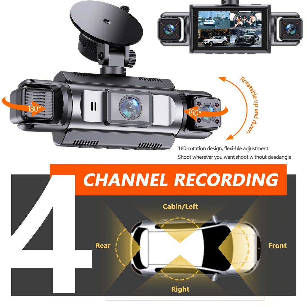 4-Channel Dash Cam – 360° WiFi Video Recorder for 24H Car Parking Surveillance