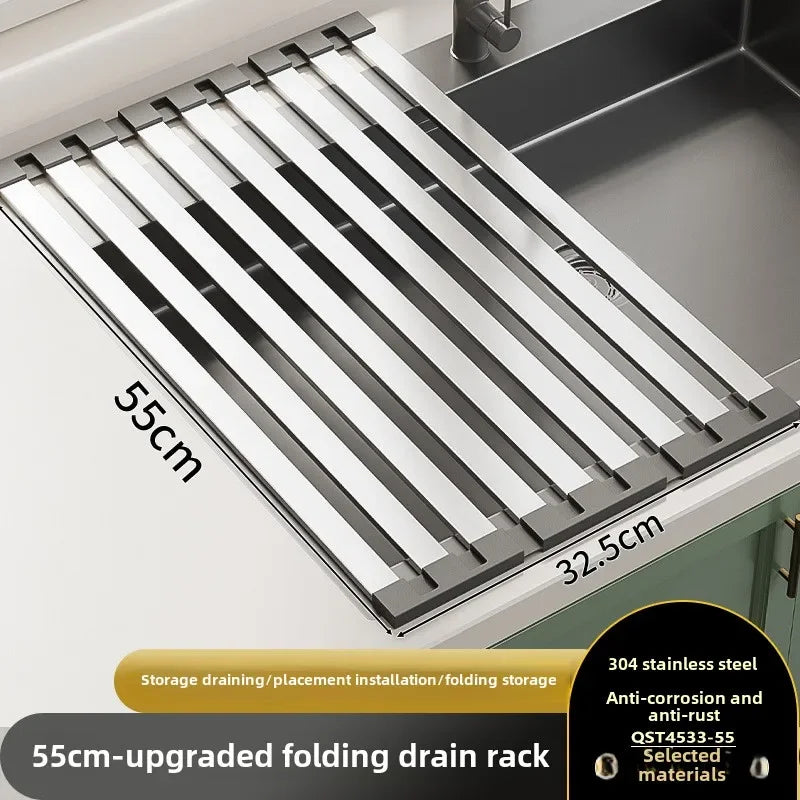 Stainless Steel Roll Up Drain Rack – Foldable Kitchen Dish Drying Basket