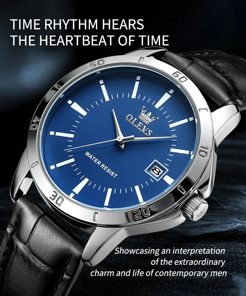 OLEVS Quartz Wristwatch – Leather Strap Classic Date for Men's Business