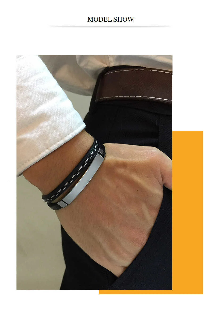 Genuine Leather Bar Bracelet – Stainless Steel Layered Bangle for Men Women