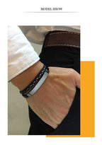 Genuine Leather Bar Bracelet – Stainless Steel Layered Bangle for Men Women