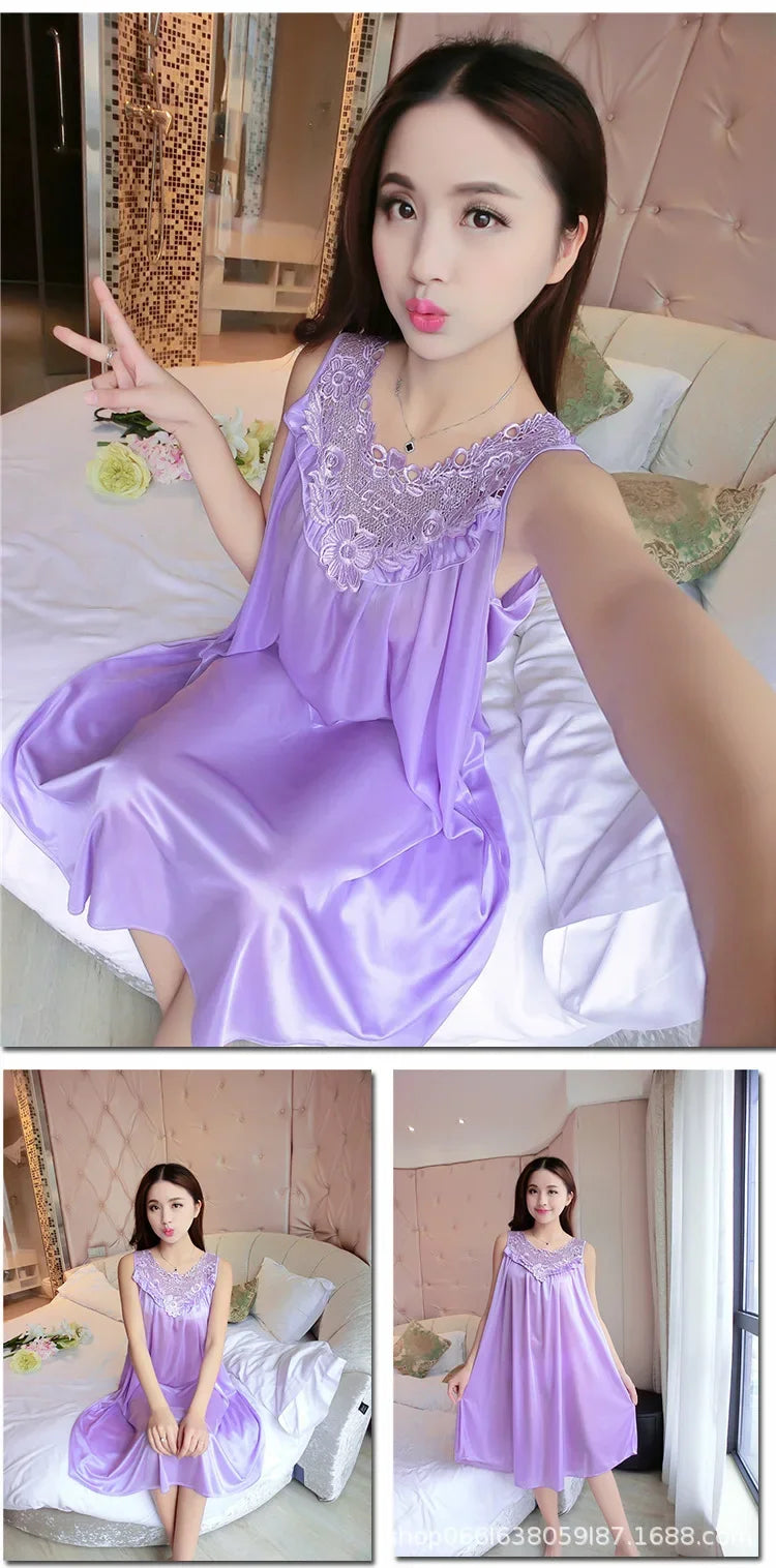 Ice Silk Sleep Dress – Plus Size Women's Tank Nightgown for Summer Housewear