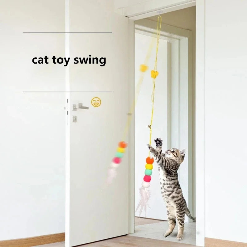 Hanging Door Cat Teaser Toy – Elastic Feather Wand for Boredom Relief