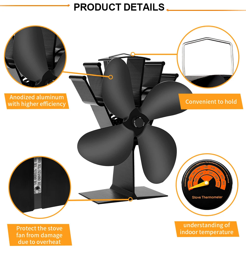 4 Blade Heat Powered Stove Fan – Eco Friendly Wood Burner for Winter Heating