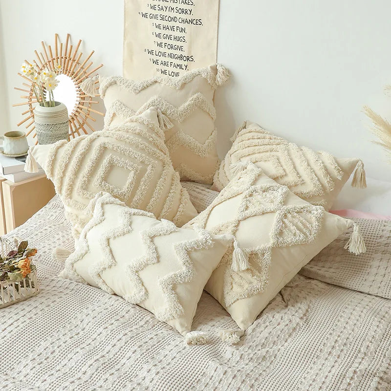 Cotton Tufted Cushion Cover – Decorative Tassel Pillowcase for Home Decor