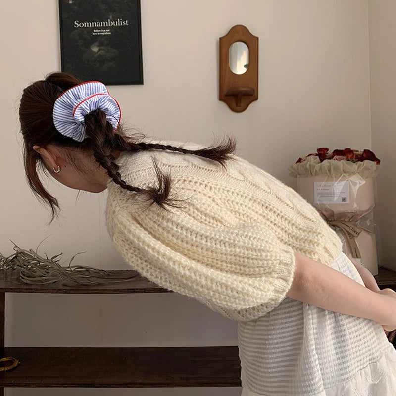Striped Elastic Hair Scrunchies – Red and Blue Fabric Accessories for Women
