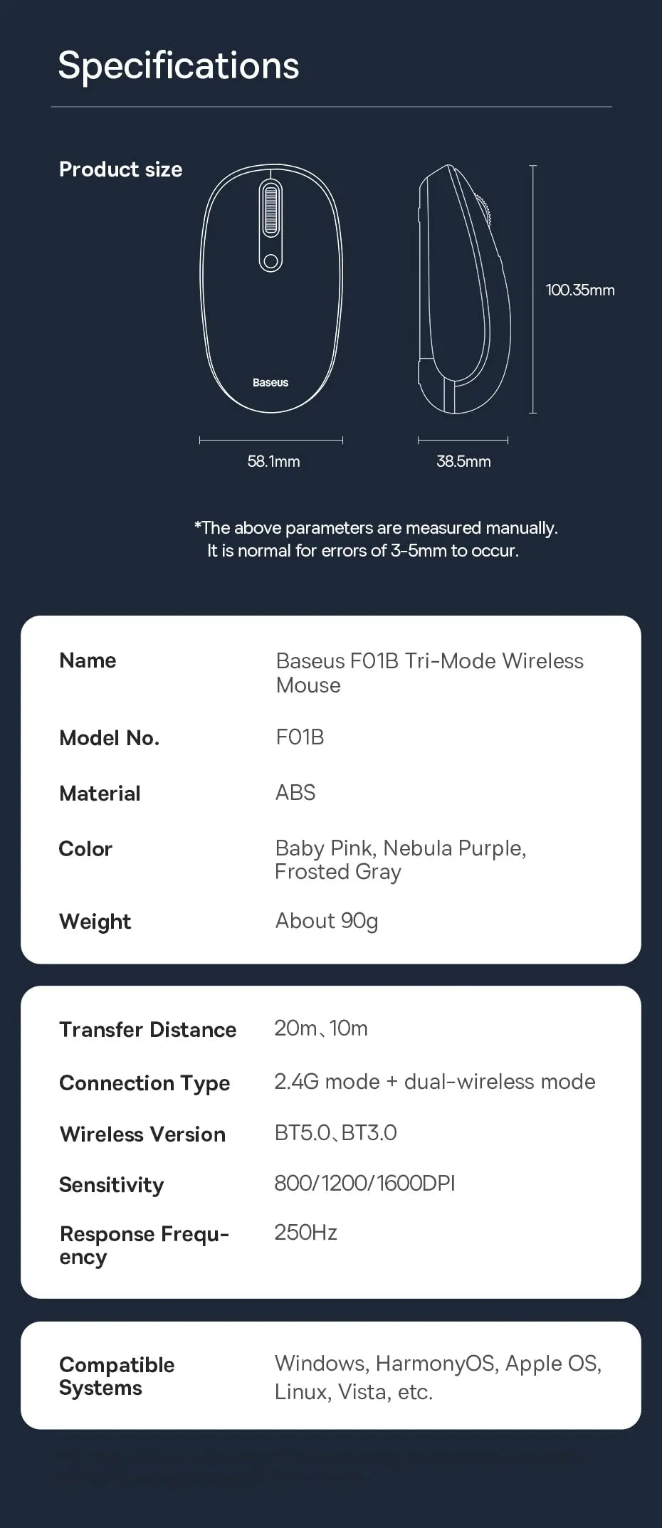 Wireless Bluetooth Mouse – Silent 1600 DPI Optical for Laptop and Tablet