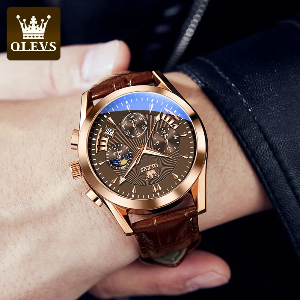 OLEVS Quartz Men's Watch – Luxury Waterproof Leather Wristwatch for Business