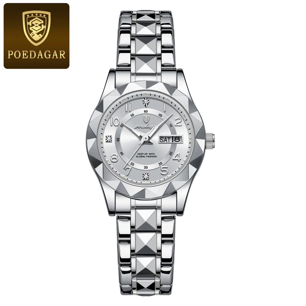 POEDAGAR Quartz Women's Watch – Stainless Steel Waterproof Date for Dress
