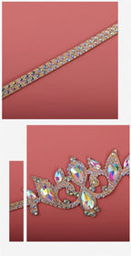 Rhinestone embellished decorative trim with teardrop and round gems on a pink background