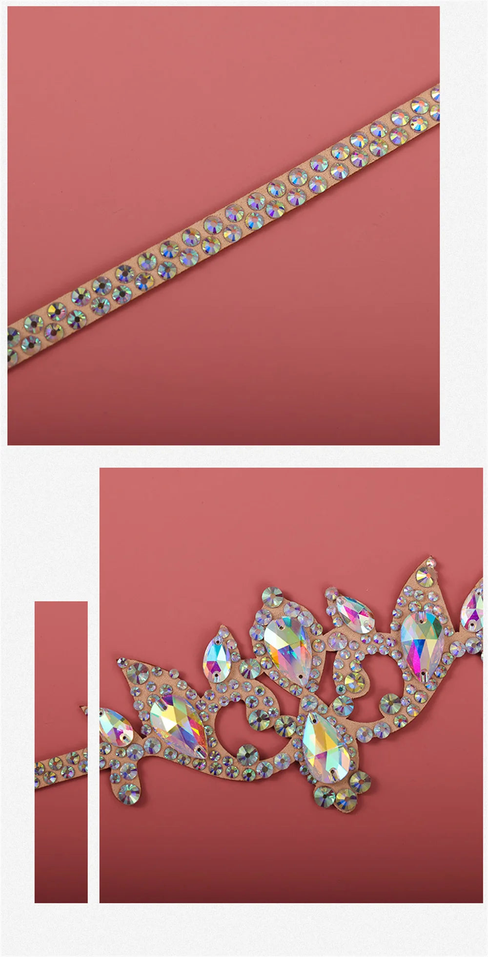 Rhinestone embellished decorative trim with teardrop and round gems on a pink background