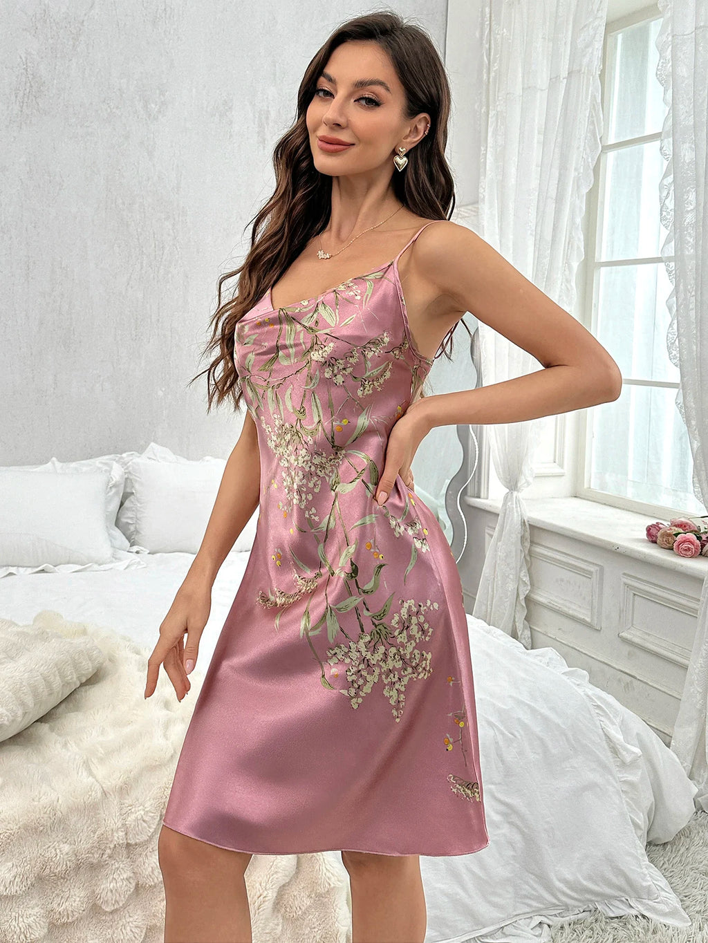 Floral Print V-Neck Nightdress – Spaghetti Strap Sleepwear for Women