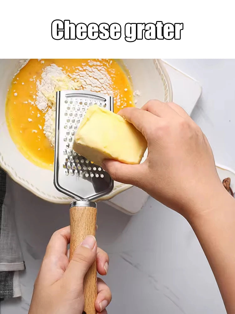 Stainless Steel Cheese Grater – Wooden Handle Tool for Kitchen Baking