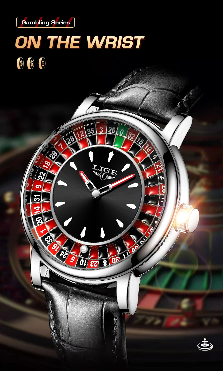 LIGE Roulette Quartz Watch – Luxury Leather Wristwatch for Men Gifts