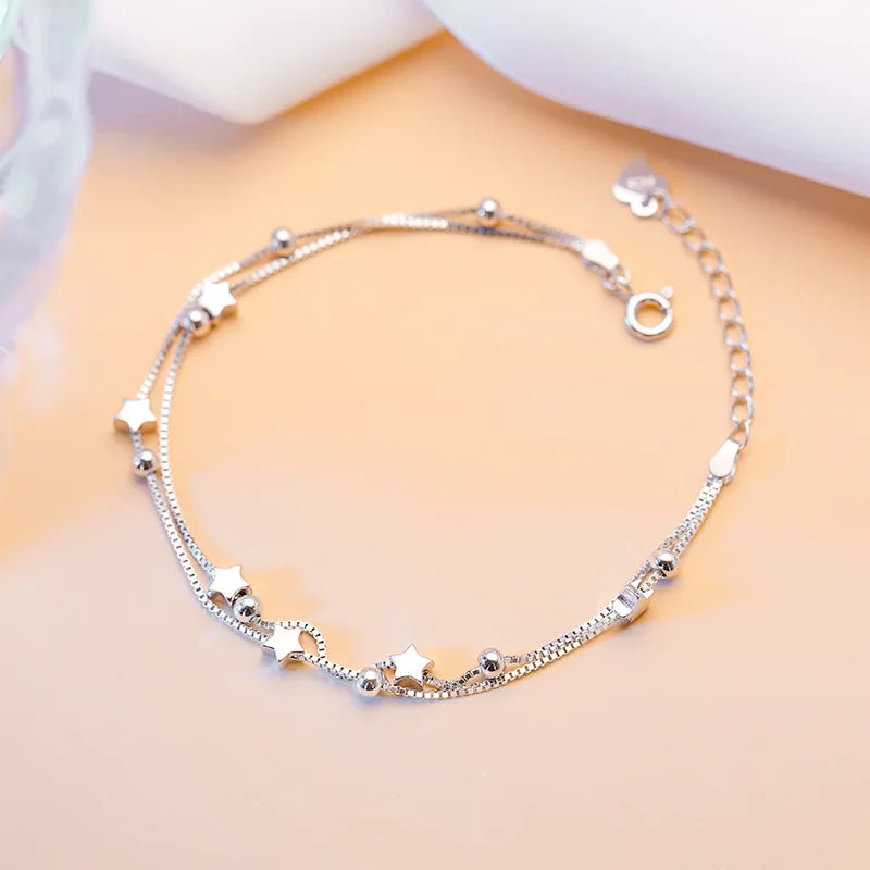 925 Sterling Silver Star Bracelet – Adjustable Double Layer for Party Jewelry