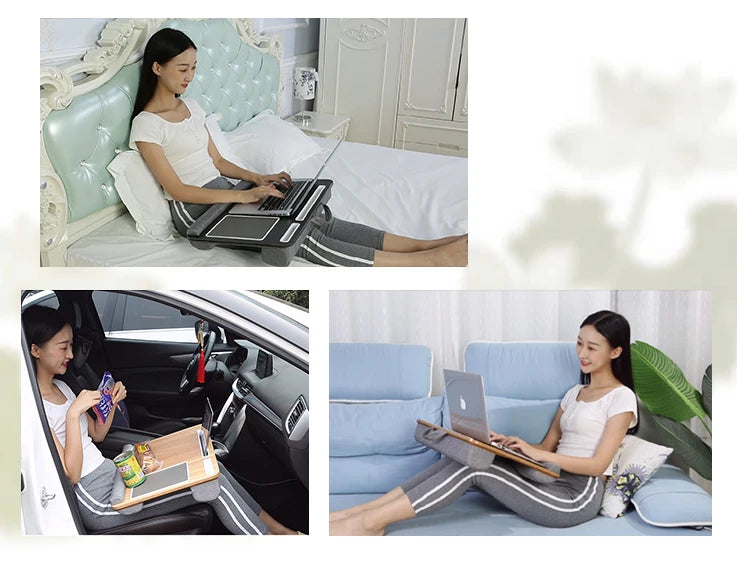 Portable Wooden Laptop Bed Desk – 15 Inch Lap Tray with Cushion for Study