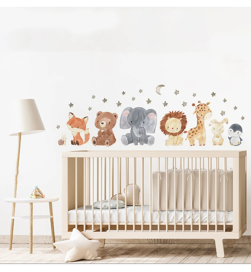 Watercolor Safari Animal Wall Decals – Cute Nursery Decor for Kids Rooms