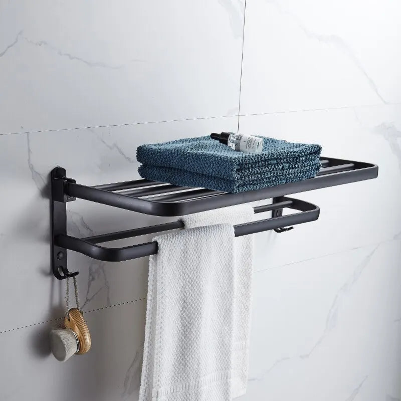 Matte Black Aluminum Towel Rack – 50cm Wall Mounted Holder with Hook