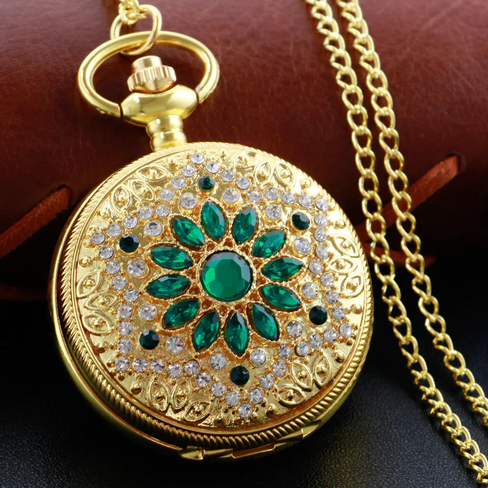 Emerald Diamond Pocket Watch Necklace – Luxury Gold Pendant for Gift