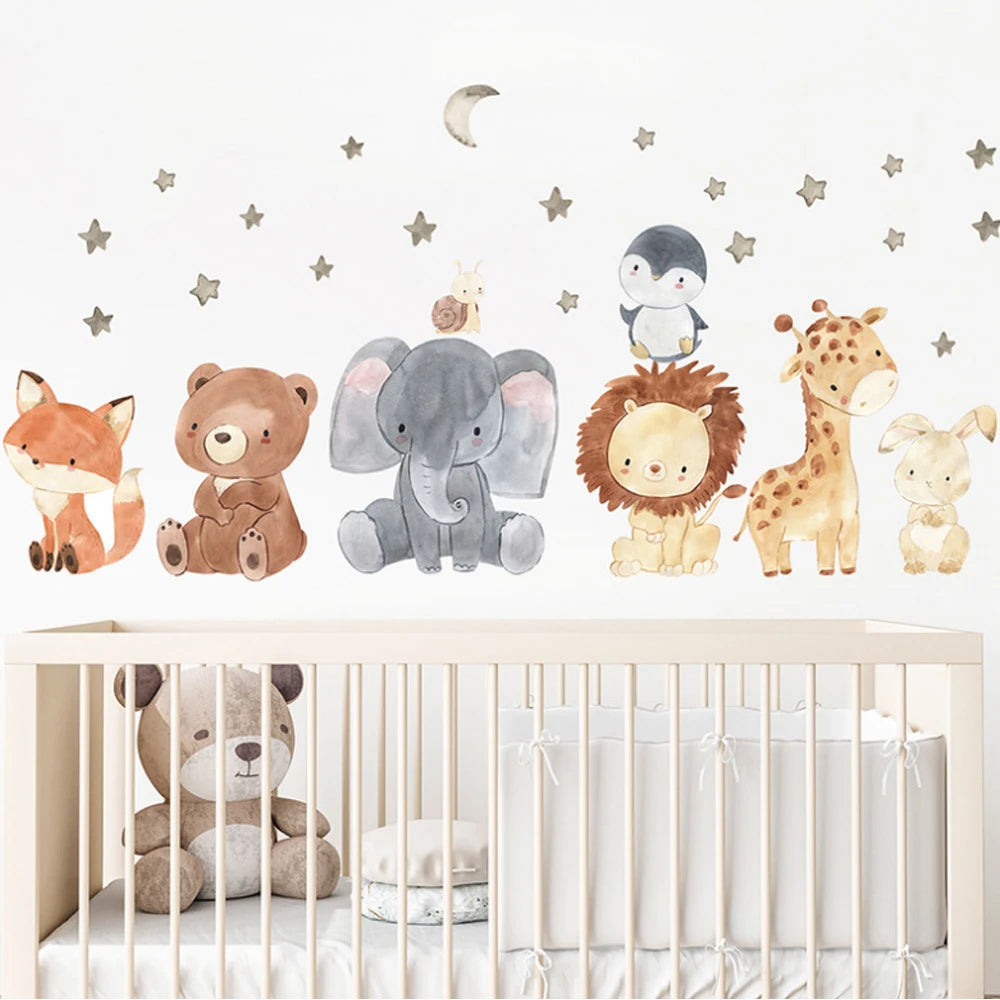 Watercolor Safari Animal Wall Decals – Cute Nursery Decor for Kids Rooms