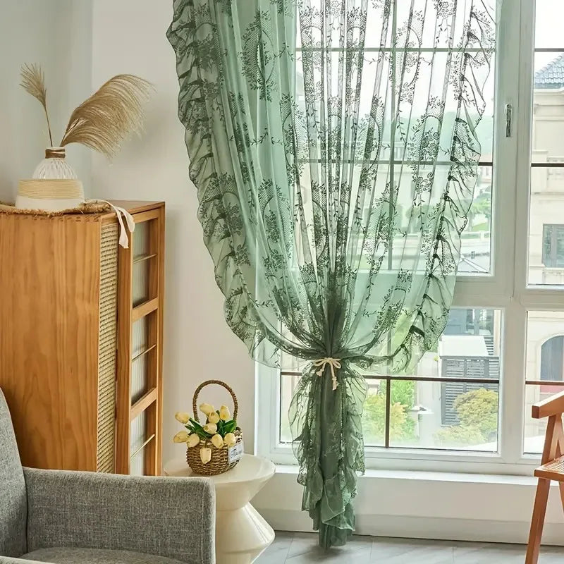 Floral Ruffled Tulle Curtain – Sheer Jacquard Lace Drapes for Living Room