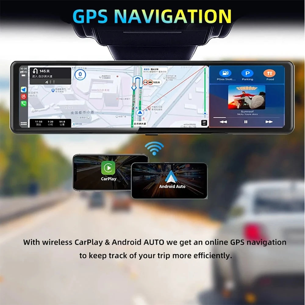 12-Inch 4K Mirror Dash Cam – Wireless CarPlay Android Auto for Car Navigation