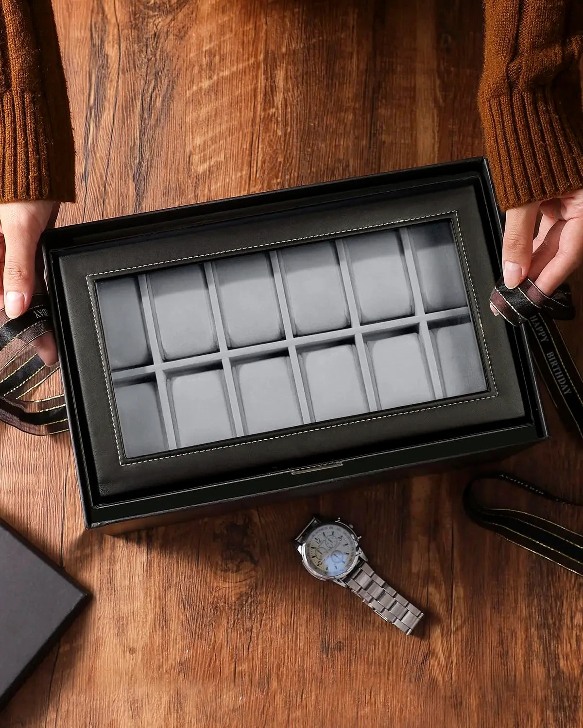 12 Slot Leather Watch Box – Lockable 2-Tier Jewelry Organizer for Display