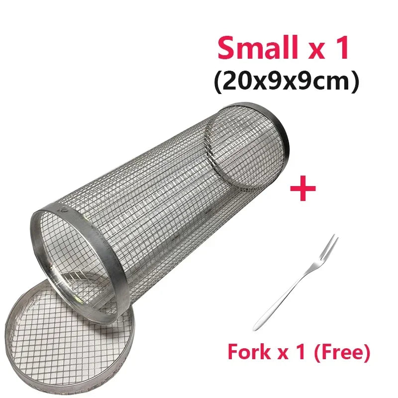 Stainless Steel Rolling Grill Basket – Cylindrical Mesh Rack for BBQ Camping