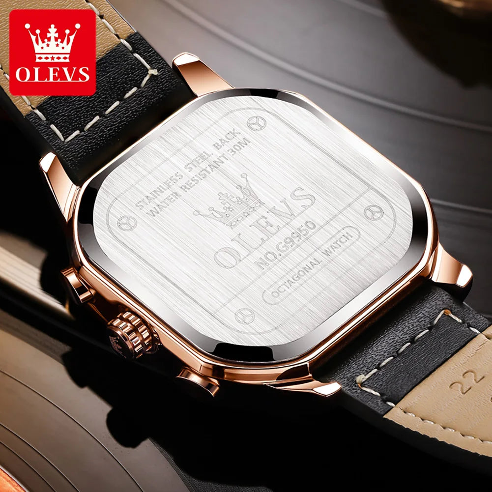 Square Leather Chronograph Watch – Waterproof Quartz Timepiece for Men