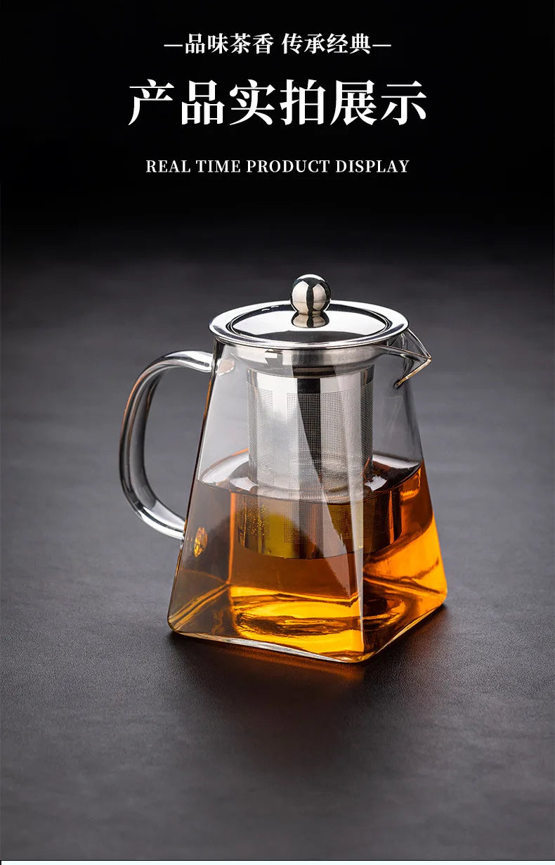 Glass Tea Infuser Pot – Heat Resistant Square Kettle for Loose Leaf Brewing