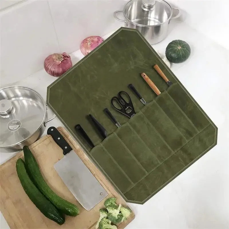 Waxed Canvas Knife Roll Bag – Portable Chef Storage for Camping and BBQ