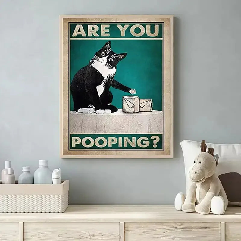 Funny Black Cat Newspaper Poster – Retro Bathroom Wall Art for Home Decor