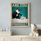 Funny Black Cat Newspaper Poster – Retro Bathroom Wall Art for Home Decor