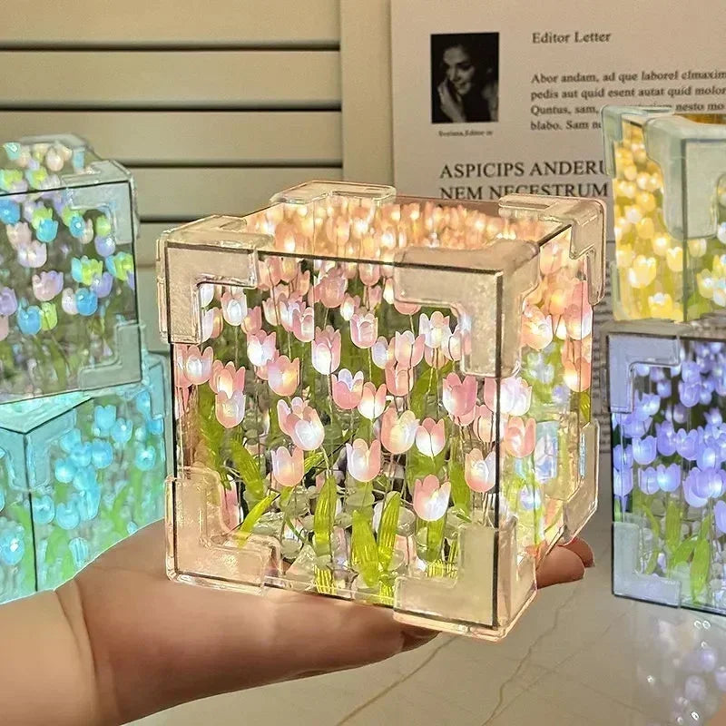 DIY Tulip Flower Sea Cube Night Lamp – Handmade Creative Gift for Girlfriend
