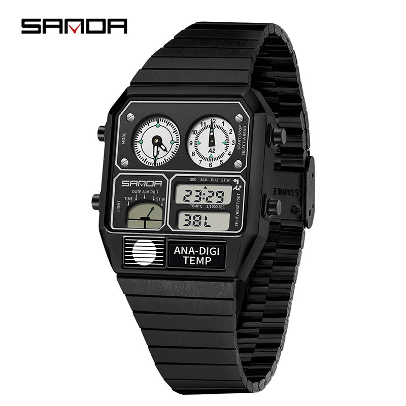 Square Stainless Steel Digital Watch – Temperature Gauge for Men's Sports