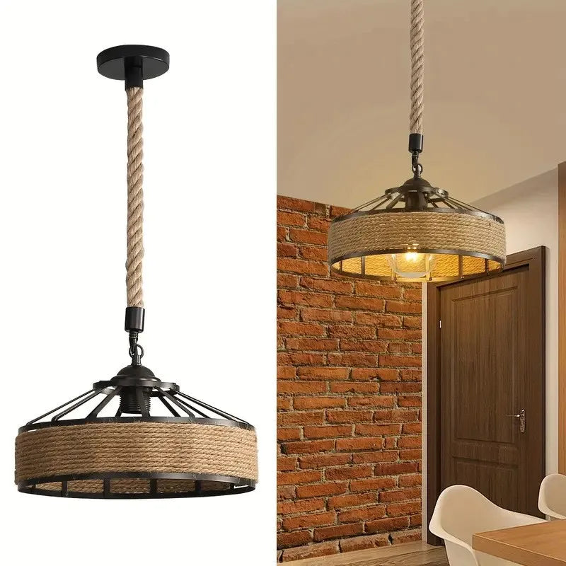 Industrial Hemp Rope Pendant Lamp – Antique Iron Chandelier for Dining Room
