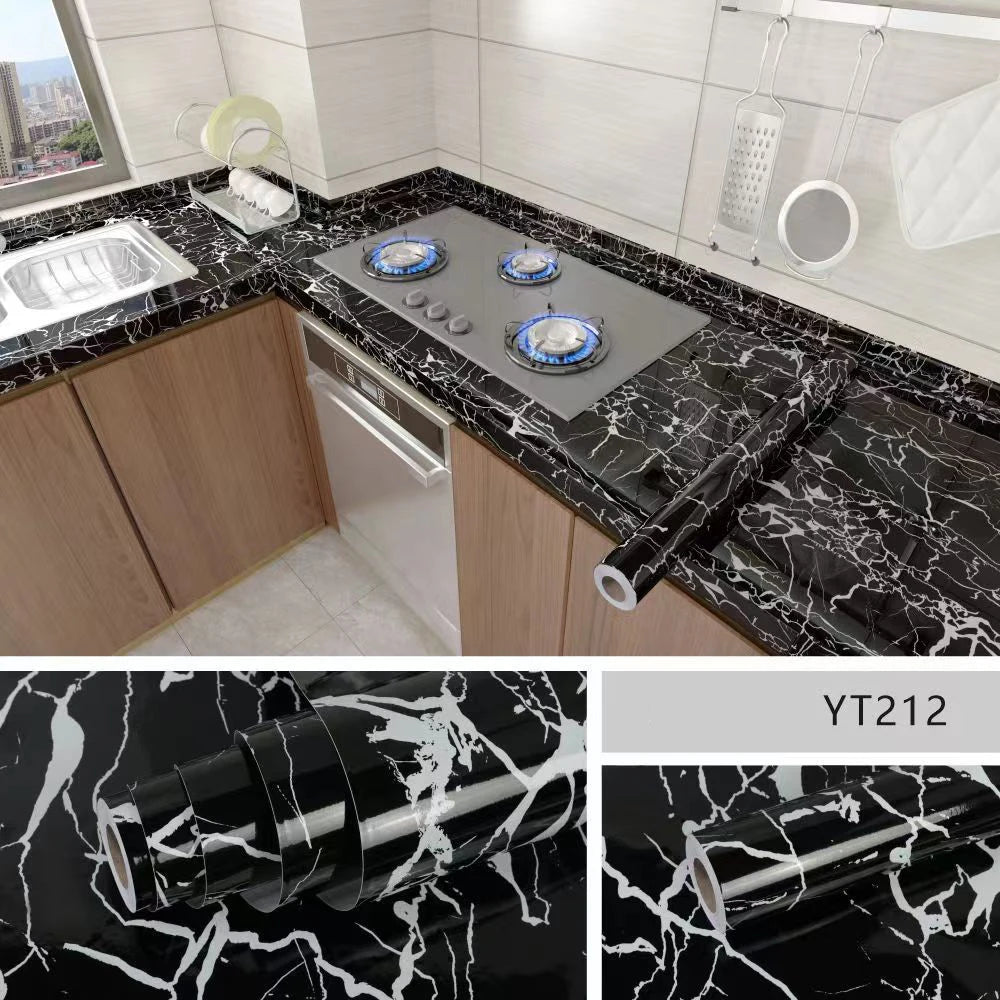 Marble Adhesive Wallpaper – Oil-Proof Film for Kitchen Countertop Renovation