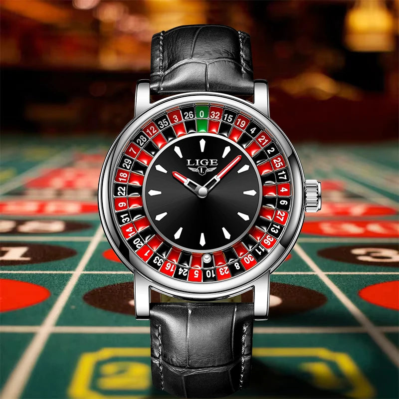 LIGE Roulette Quartz Watch – Luxury Leather Wristwatch for Men Gifts