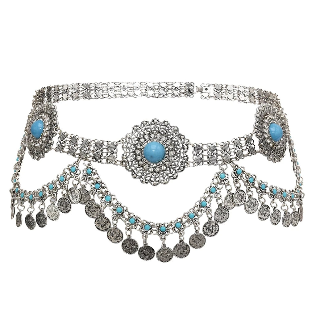 Boho silver waist belt with turquoise stones and dangling coin charms for women