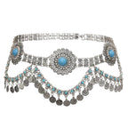 Boho silver waist belt with turquoise stones and dangling coin charms for women