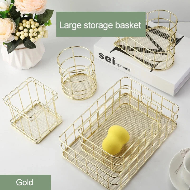 Gold Iron Storage Basket – Geometric Desktop Organizer for Makeup Brushes