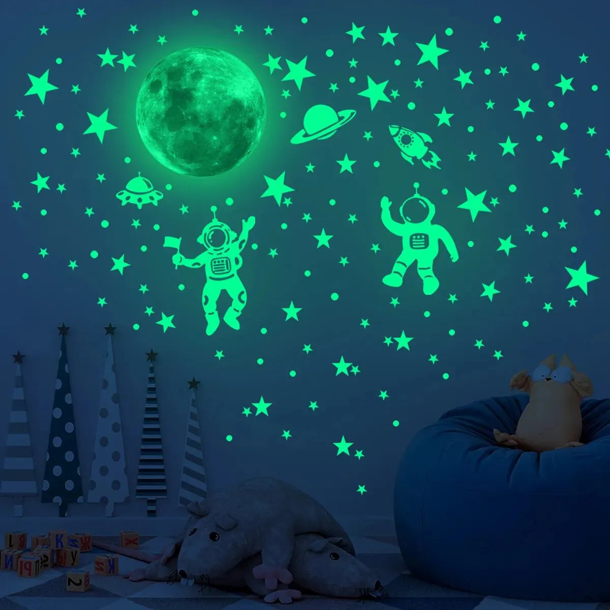 Glow in the Dark Planet Wall Decals – Luminous Moon and Stars for Kids Bedroom