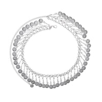Silver coin chain necklace with layered dangle coins, boho jewelry on white background