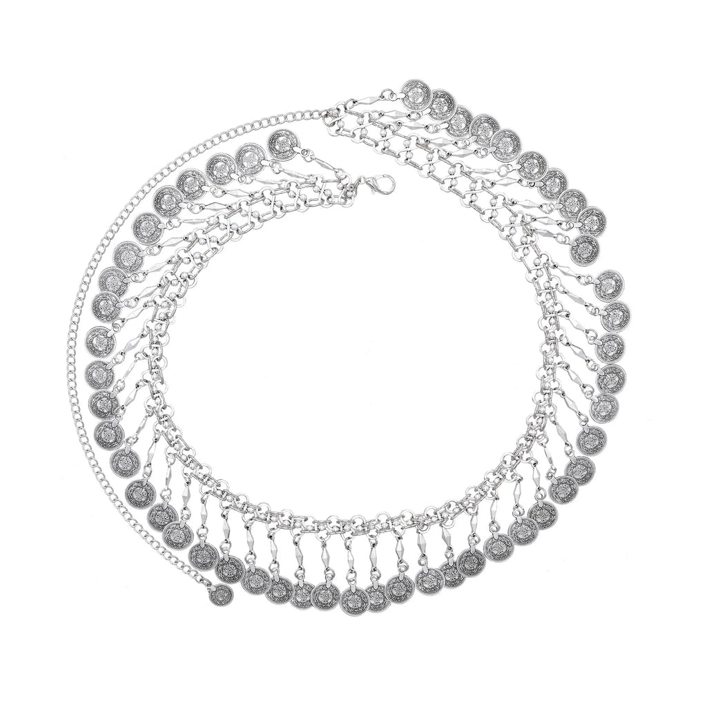 Silver coin chain necklace with layered dangle coins, boho jewelry on white background