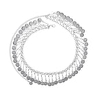 Silver coin chain necklace with layered dangle coins, boho jewelry on white background