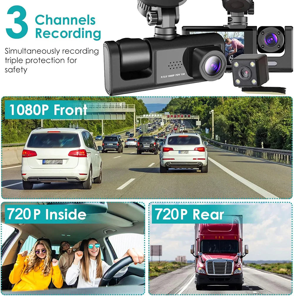 Triple Lens Dash Cam – 1080P Front and Rear Vehicle Recorder for Night Vision