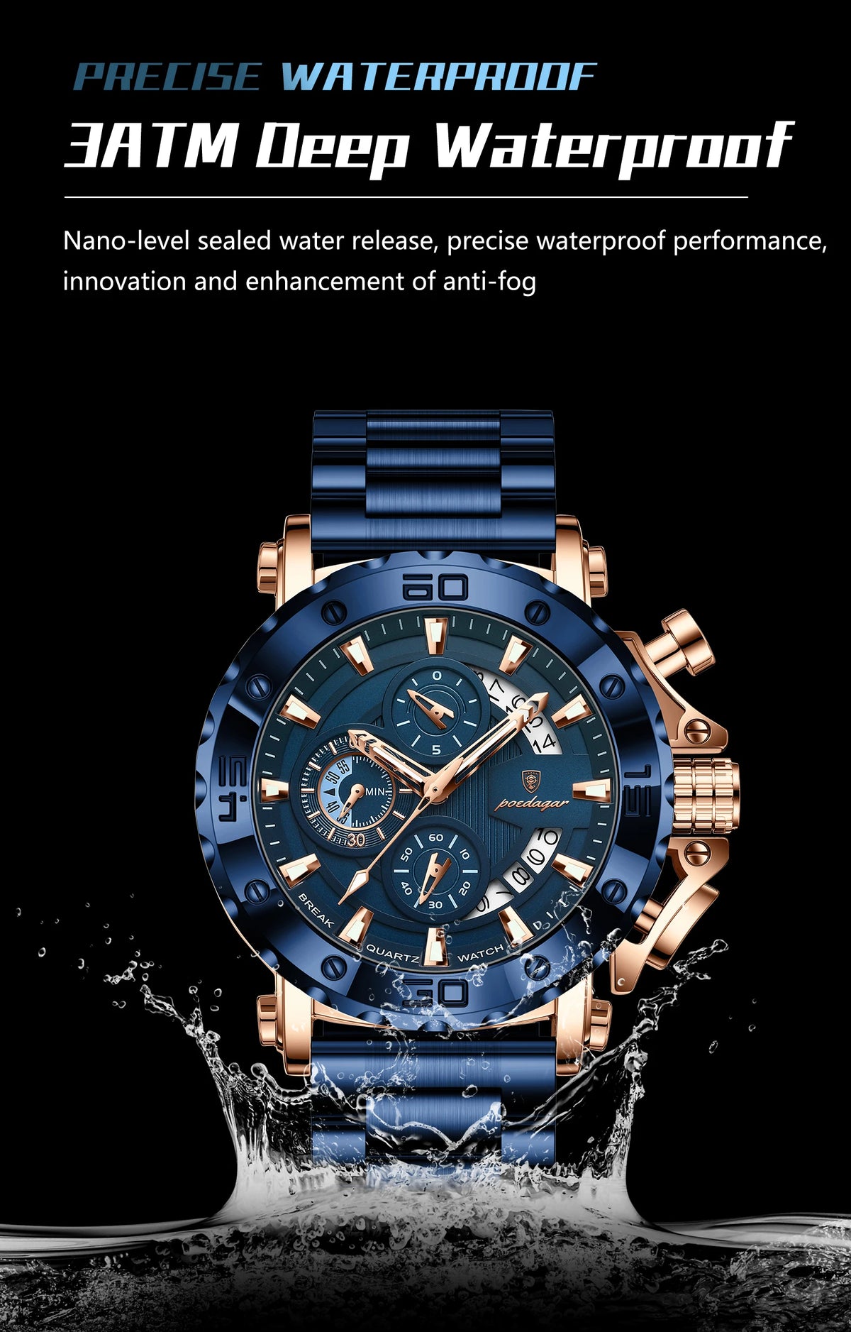 Stainless Steel Chronograph Watch – Luminous Waterproof Quartz for Men