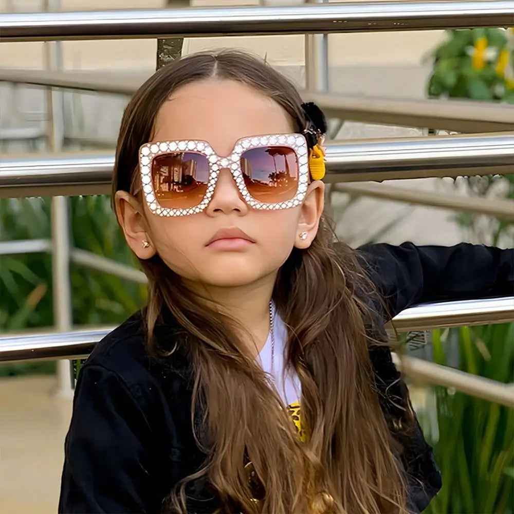 Rhinestone Square Sunglasses – UV400 Kids Eyewear for Outdoor Sun Protection