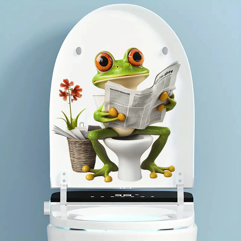 Funny Frog Reading Newspaper Toilet Sticker – Creative Bathroom Wall Decor