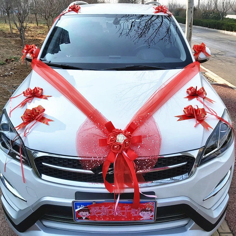 Silk Flower Wedding Car Decoration Kit – Floral Ribbons for Bridal Vehicles